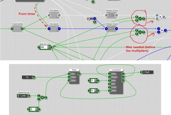 A screenshot of my solution with timer... but still doesn't work flawlessly. Connecting for example the toolbox reverb to the synth the free running oscillator goes bananas or is rendered silent.